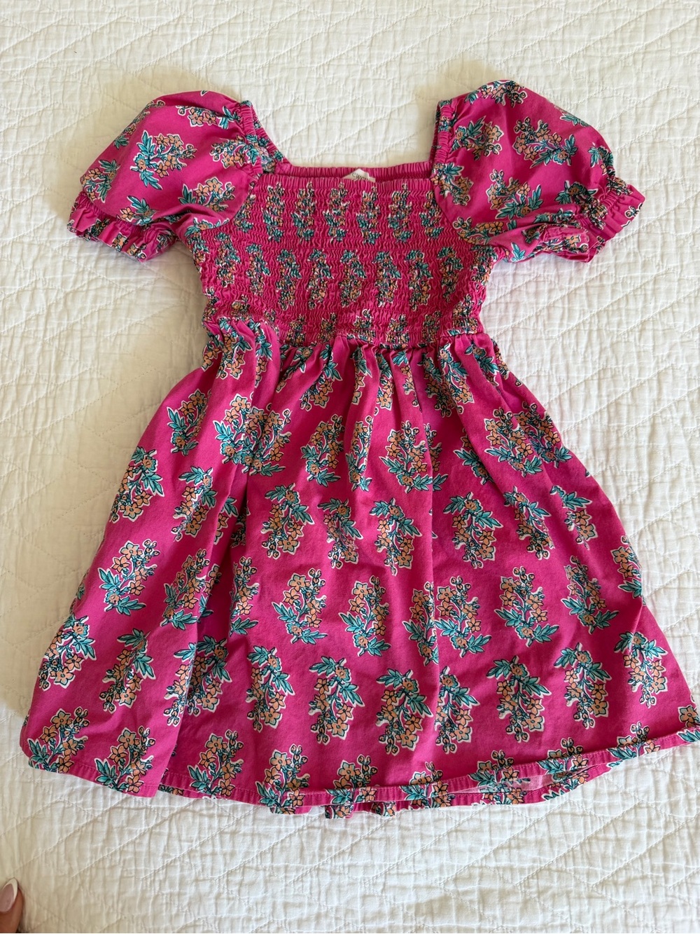 Crewcuts Fuchsia Floral Smocked Puff-Sleeve Dress